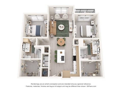 Floor plan for 2 beds, 2 baths, 1107 sqft